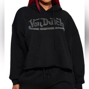 Von Dutch Black Rhinestone cropped hoodie Top Sz large